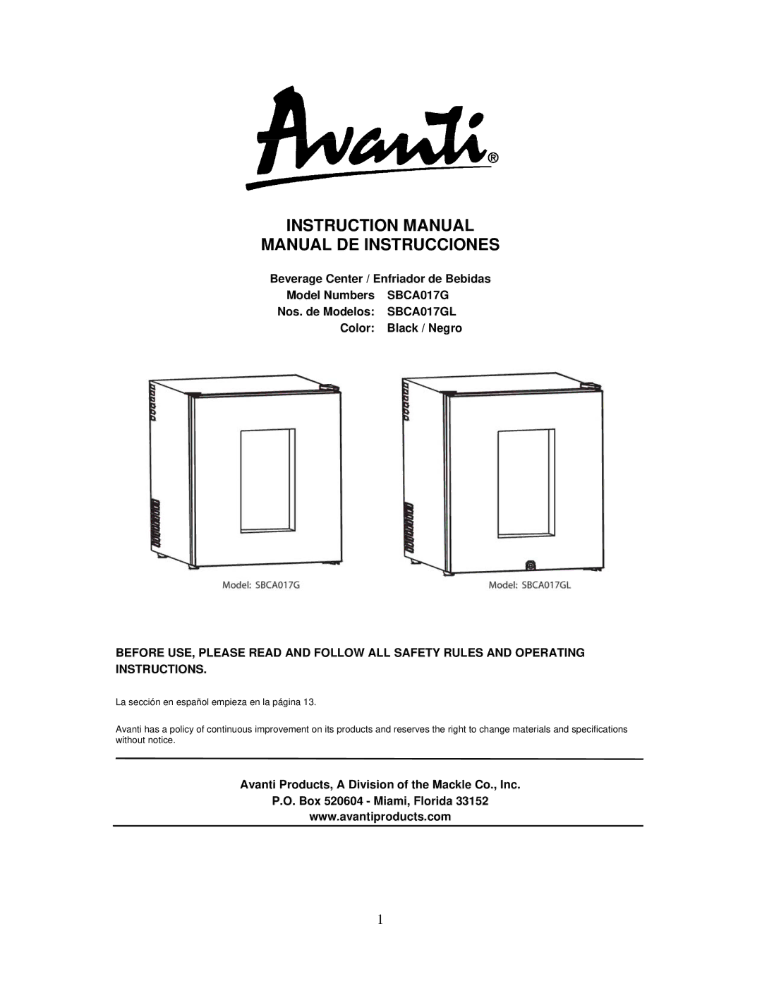 Avanti SBCA017G instruction manual Manual DE Instrucciones 