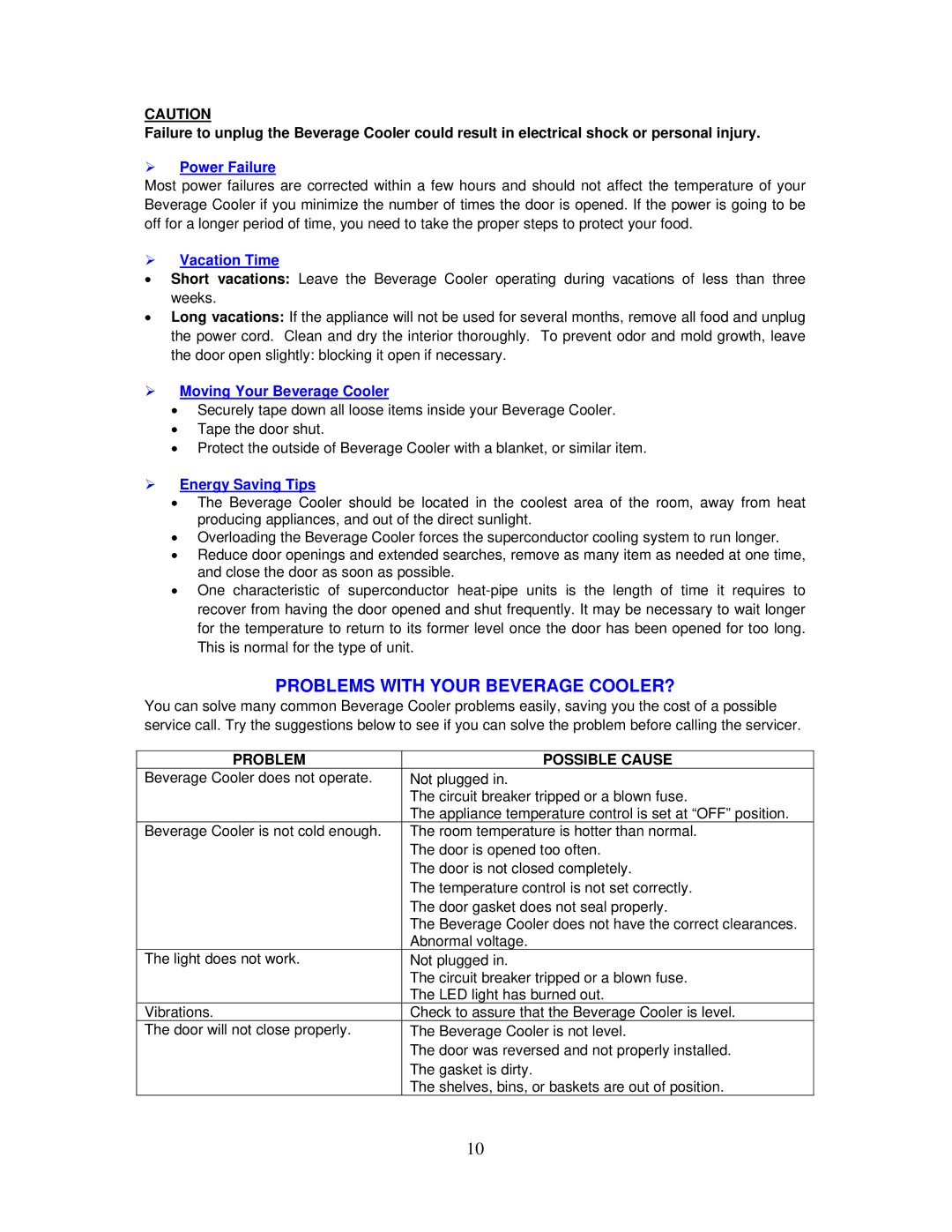 Avanti SBCA017G instruction manual Problems with Your Beverage COOLER?,  Power Failure 