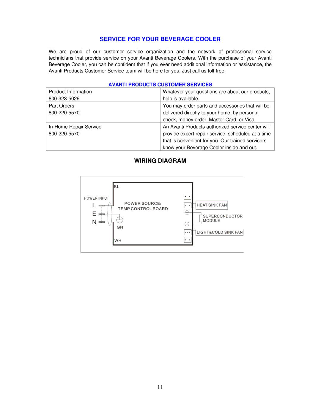 Avanti SBCA017G instruction manual Service for Your Beverage Cooler, Wiring Diagram 