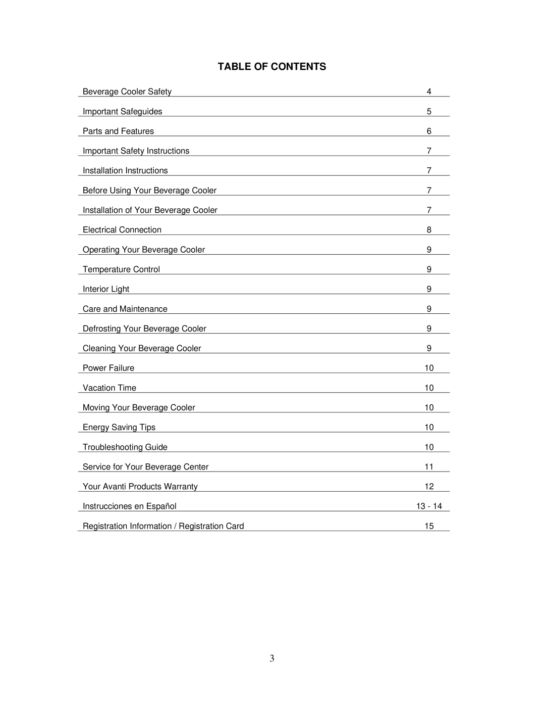 Avanti SBCA017G instruction manual Table of Contents 