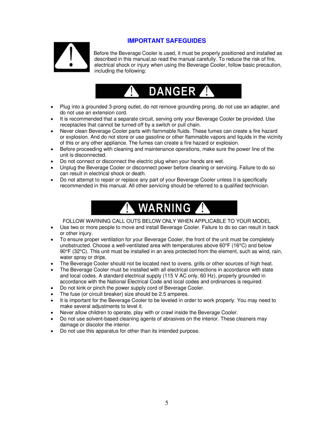 Avanti SBCA017G instruction manual Important Safeguides 