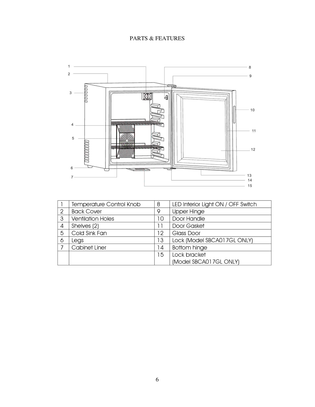 Avanti SBCA017G instruction manual Parts & Features 