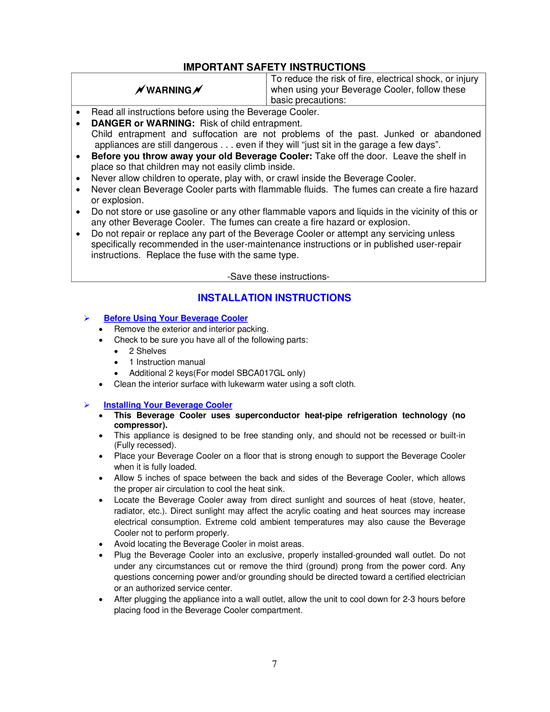 Avanti SBCA017G instruction manual Important Safety Instructions, Installation Instructions 