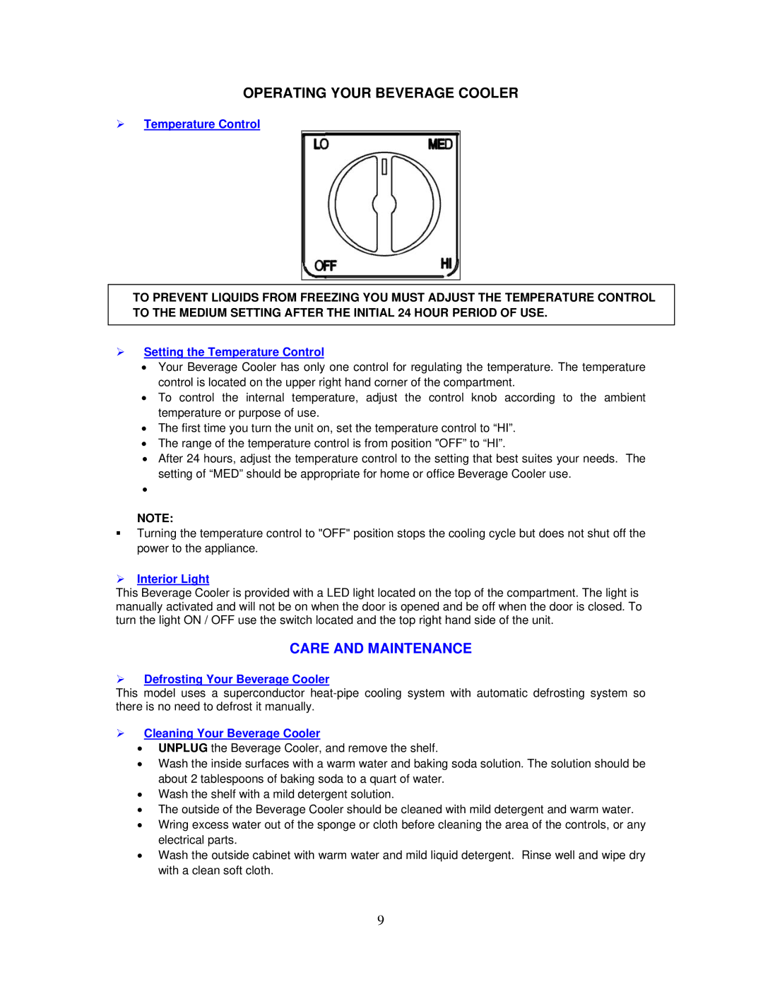 Avanti SBCA017G instruction manual Operating Your Beverage Cooler, Care and Maintenance 