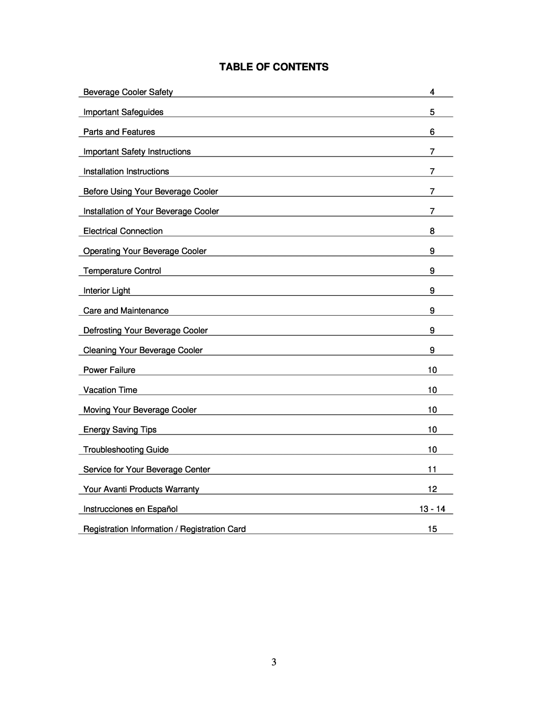 Avanti SBCA017G instruction manual Table Of Contents 