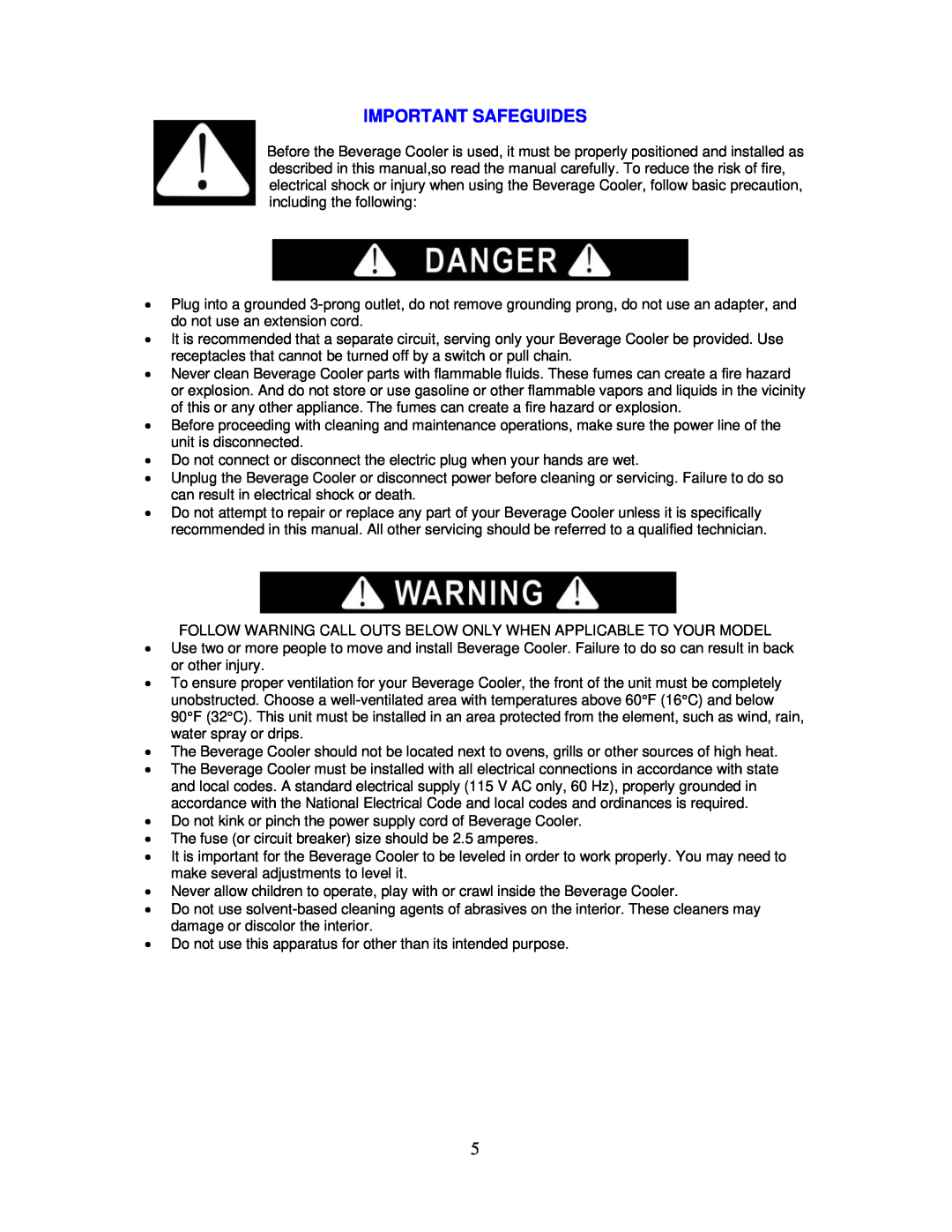 Avanti SBCA017G instruction manual Important Safeguides 