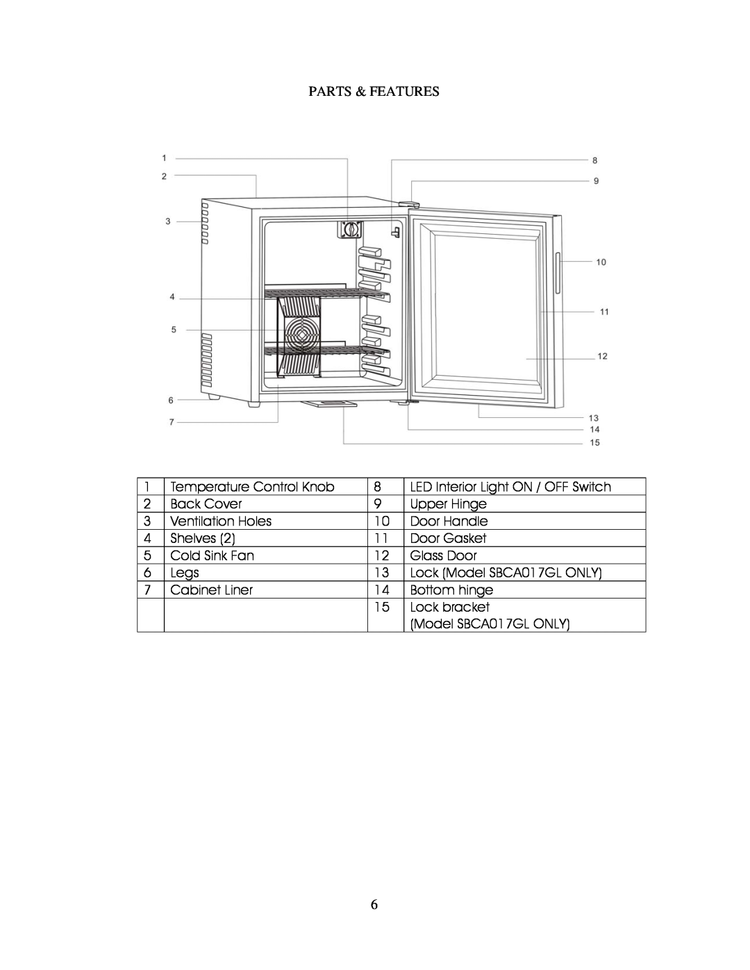 Avanti SBCA017G instruction manual Parts & Features 