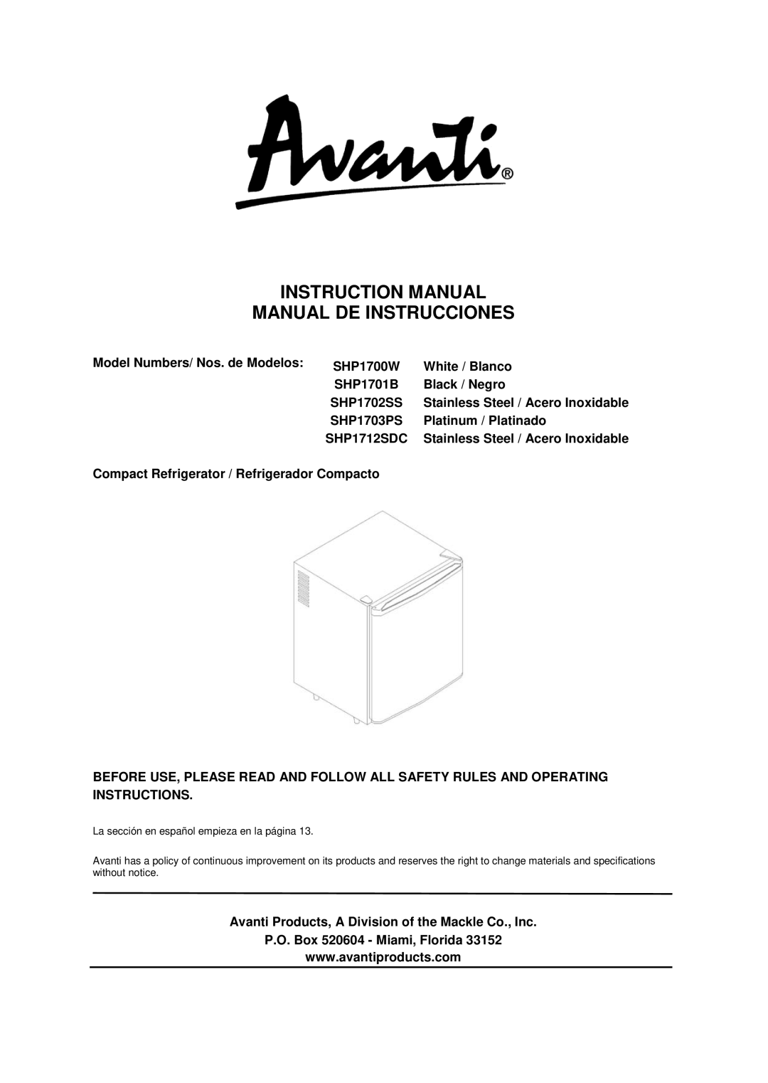 Avanti SHP1702SS, SHP1712SDC, SHP1703PS, SHP1701B, SHP1700W instruction manual Manual DE Instrucciones 