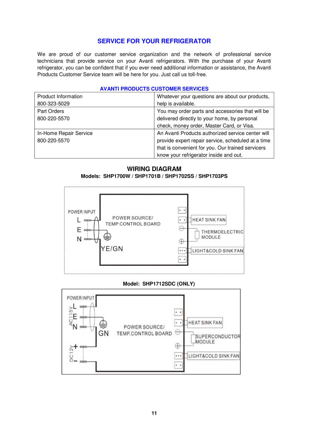 Avanti SHP1702SS, SHP1712SDC, SHP1703PS, SHP1701B, SHP1700W instruction manual Service for Your Refrigerator, Wiring Diagram 