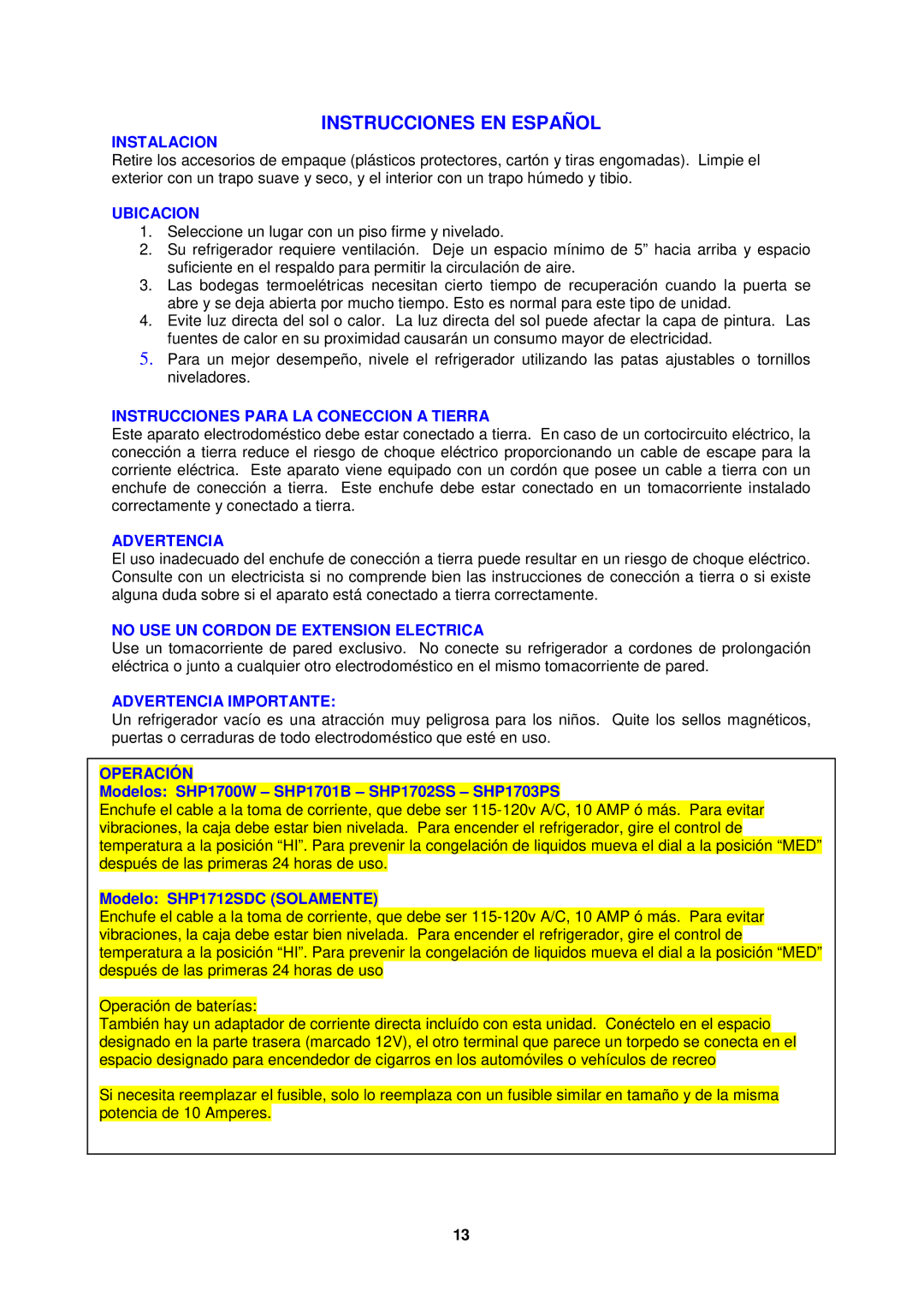 Avanti SHP1701B, SHP1712SDC, SHP1702SS, SHP1703PS, SHP1700W instruction manual Instrucciones EN Español, Instalacion 