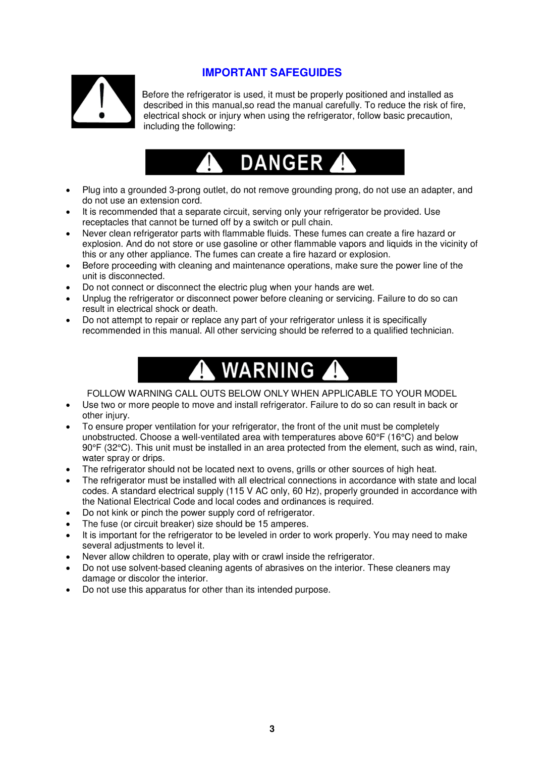 Avanti SHP1701B, SHP1712SDC, SHP1702SS, SHP1703PS, SHP1700W instruction manual Important Safeguides 