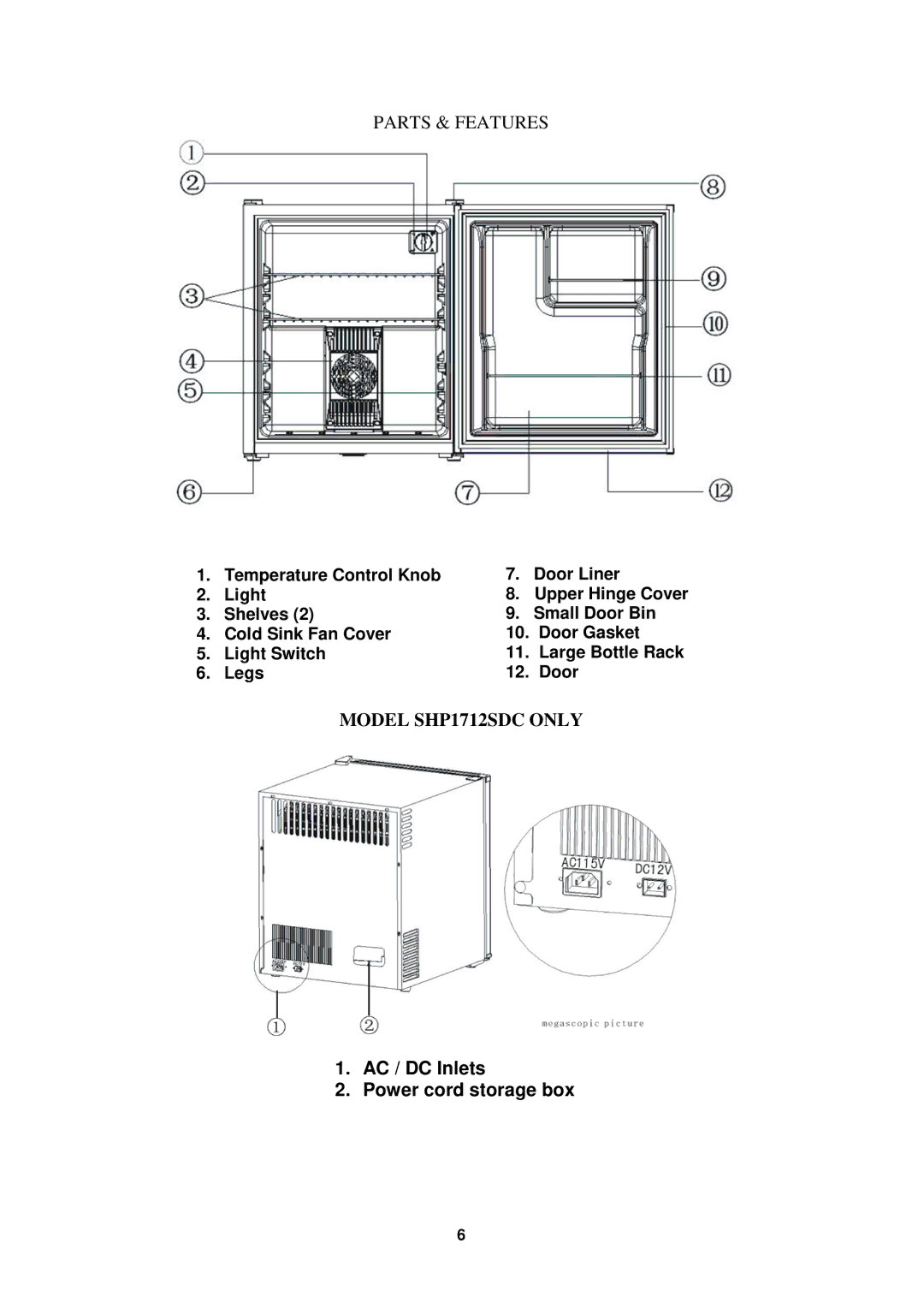 Avanti SHP1702SS, SHP1712SDC, SHP1703PS, SHP1701B, SHP1700W instruction manual AC / DC Inlets Power cord storage box 