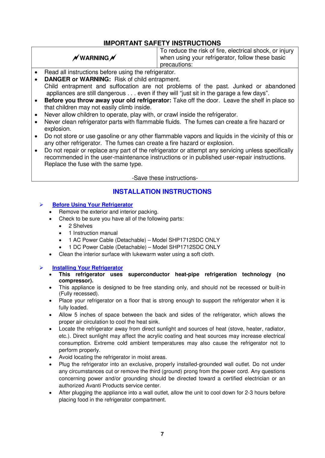 Avanti SHP1703PS, SHP1712SDC Important Safety Instructions, Installation Instructions,  Before Using Your Refrigerator 