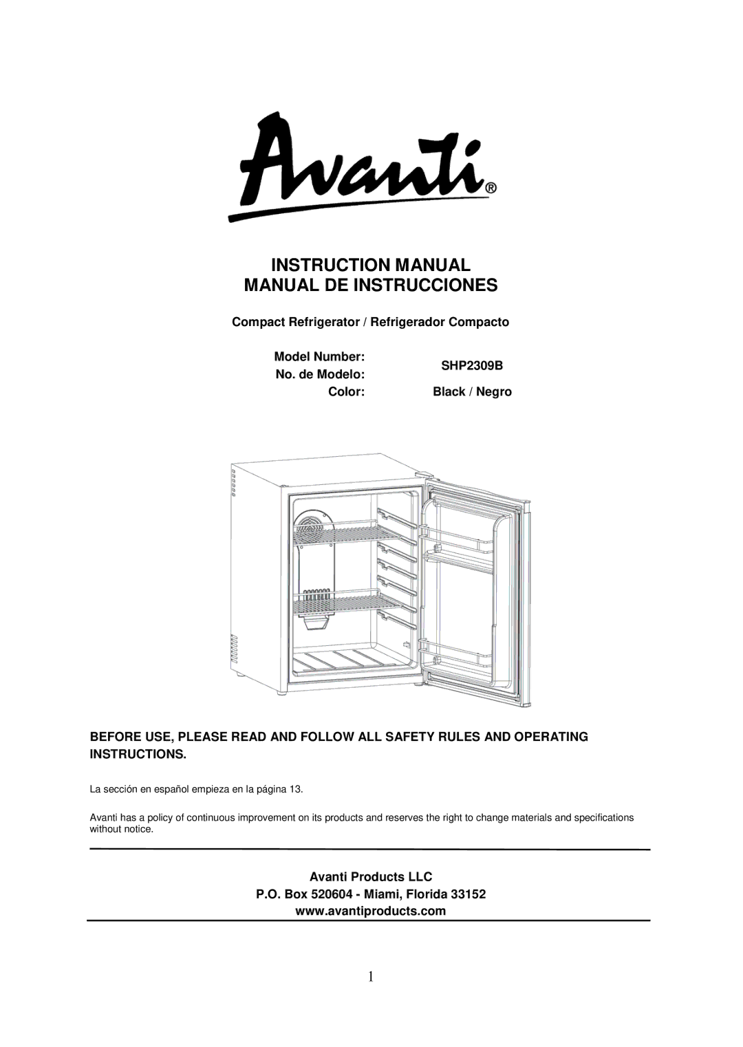 Avanti SHP2309B instruction manual Manual DE Instrucciones 