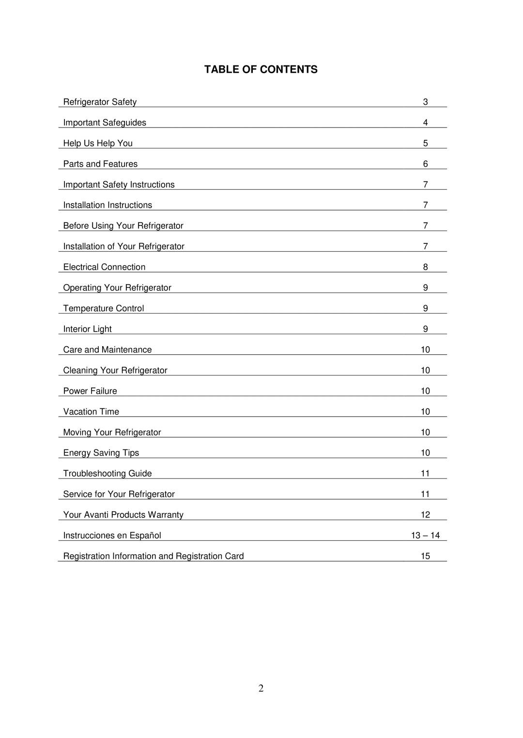 Avanti SHP2309B instruction manual Table of Contents 