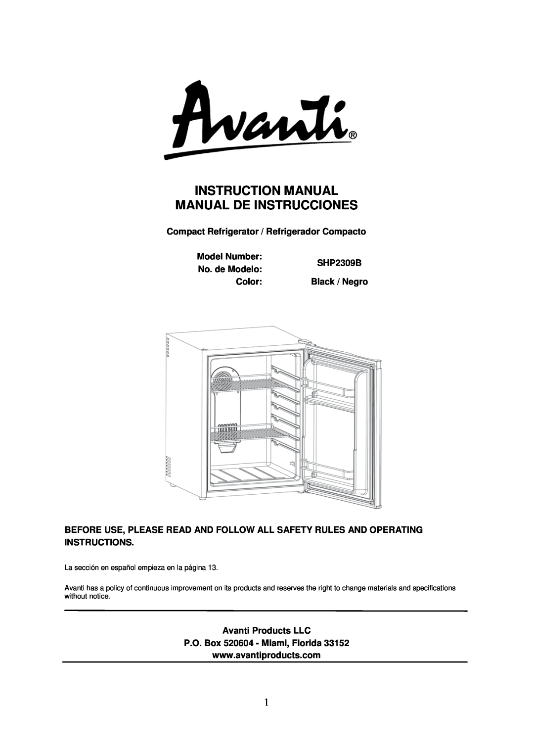 Avanti SHP2309B instruction manual 