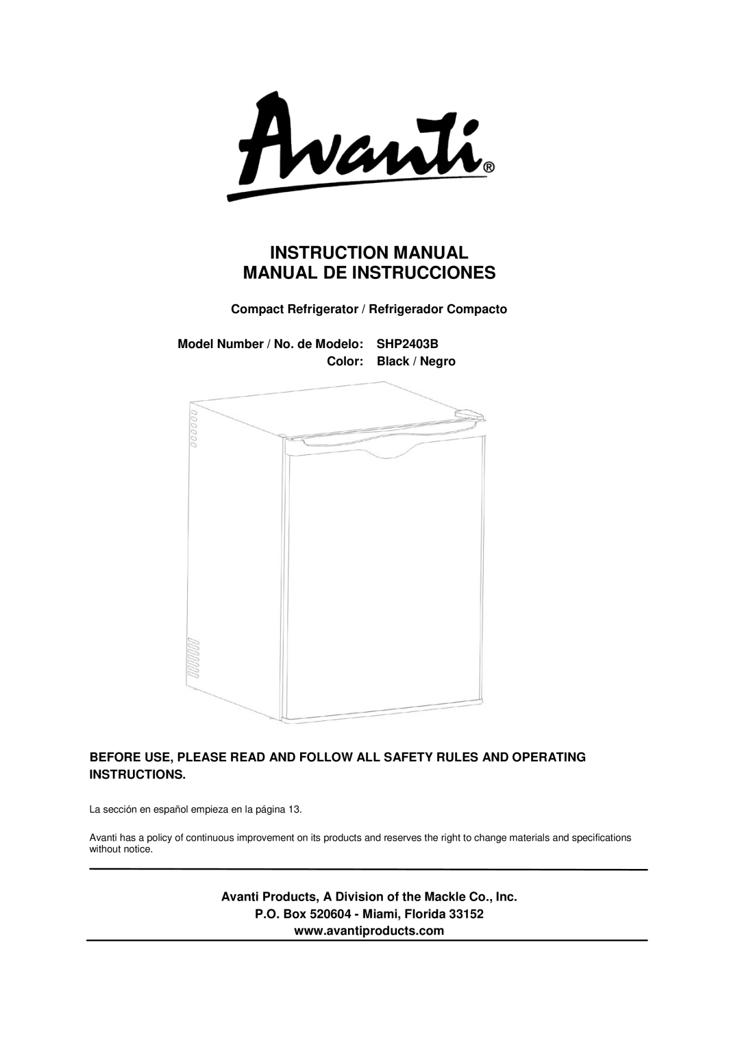 Avanti SHP2403B instruction manual Manual DE Instrucciones 