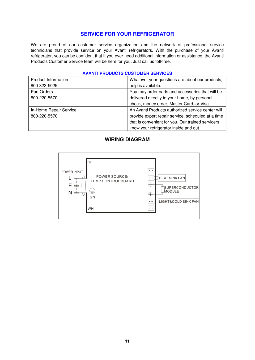 Avanti SHP2403B instruction manual Service for Your Refrigerator, Wiring Diagram 