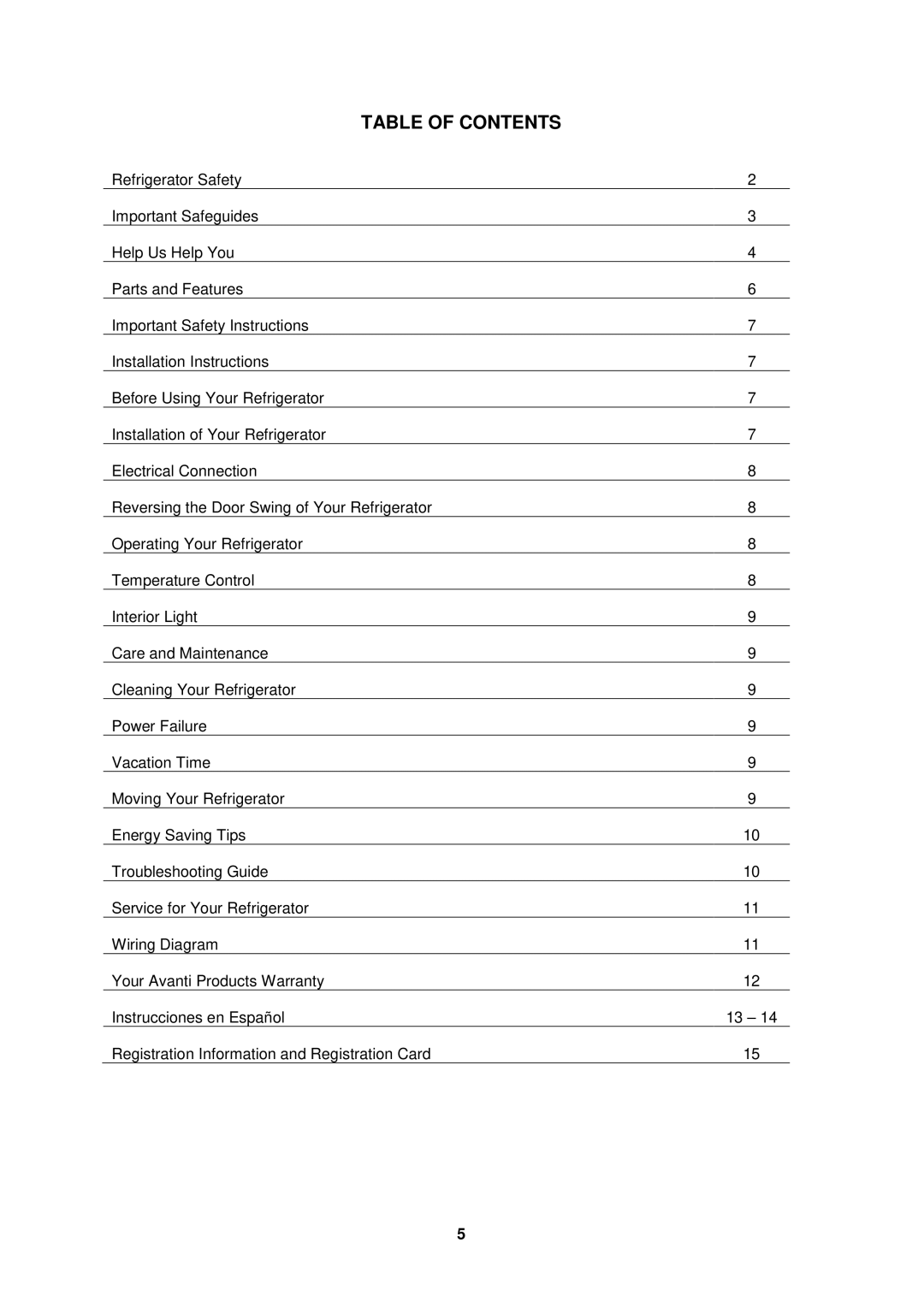 Avanti SHP2403B instruction manual Table of Contents 