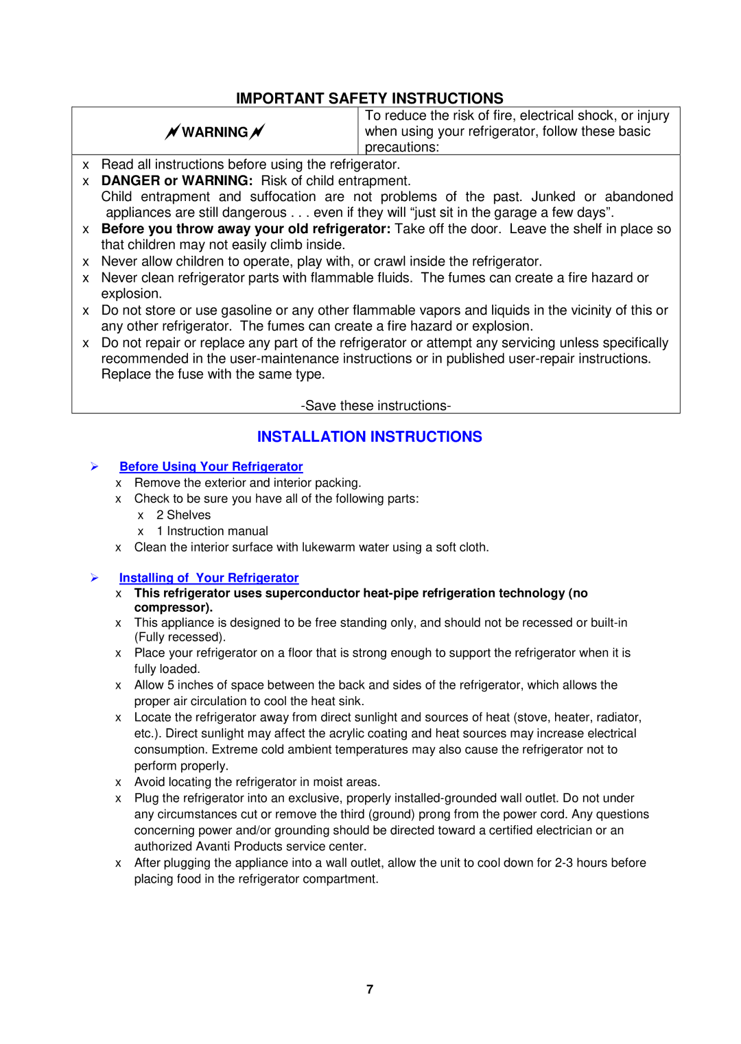 Avanti SHP2403B Important Safety Instructions, Installation Instructions,  Before Using Your Refrigerator 