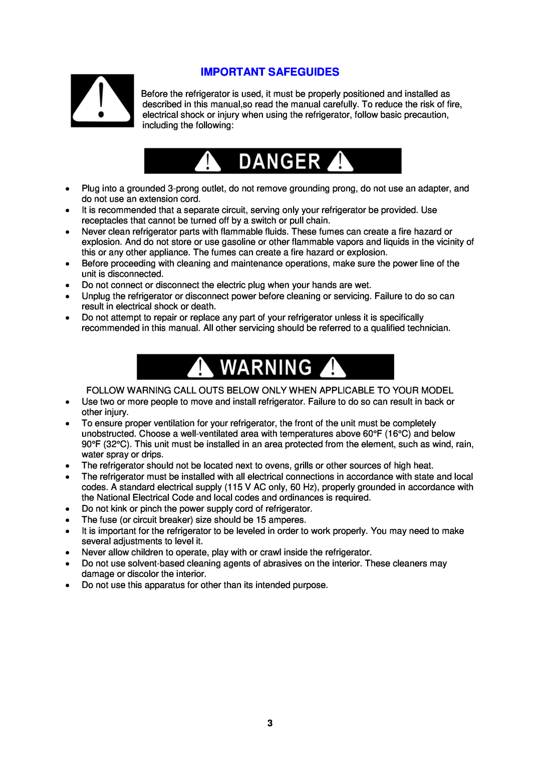 Avanti SHP2403B instruction manual Important Safeguides 