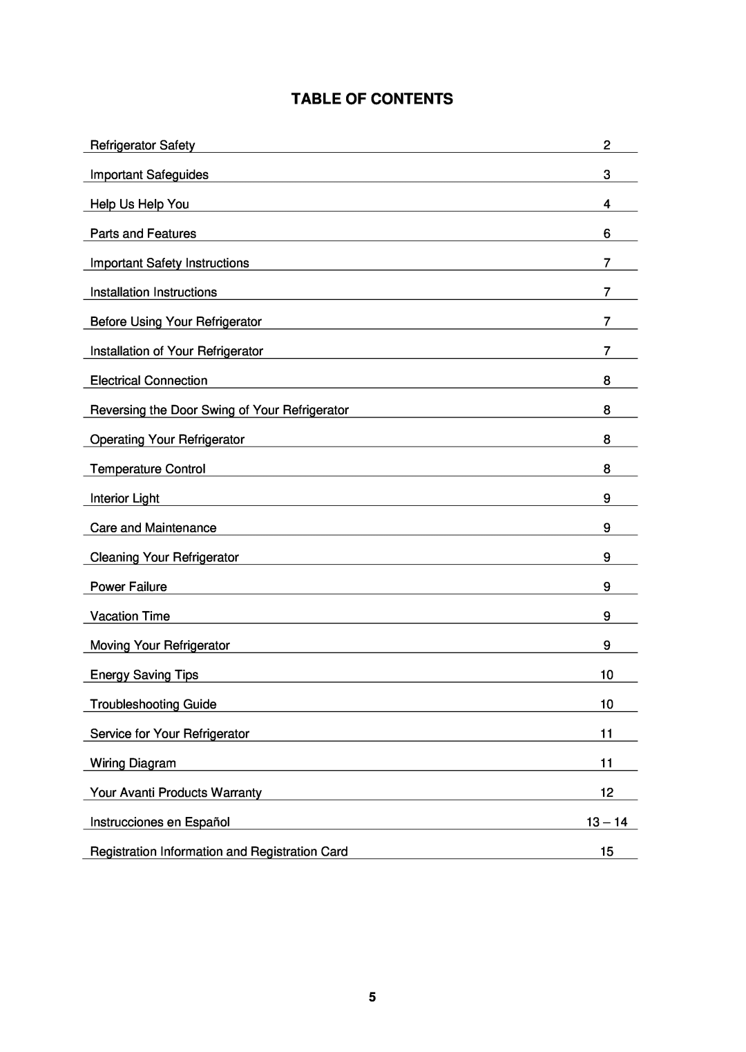 Avanti SHP2403B instruction manual Table Of Contents 