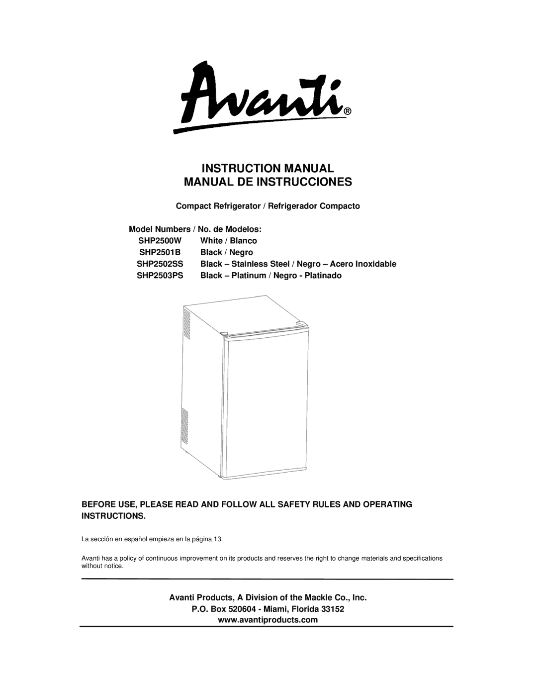 Avanti SHP2502SS, SHP2500W, SHP2501B, SHP2503PS instruction manual Manual DE Instrucciones 