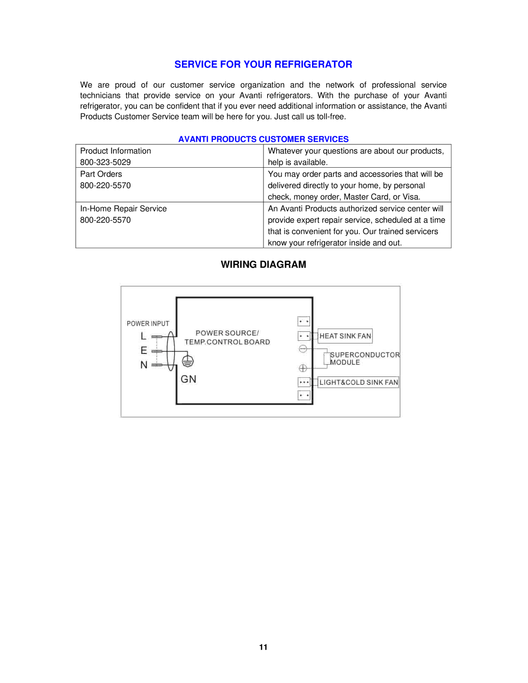 Avanti SHP2503PS, SHP2500W, SHP2502SS, SHP2501B instruction manual Service for Your Refrigerator, Wiring Diagram 