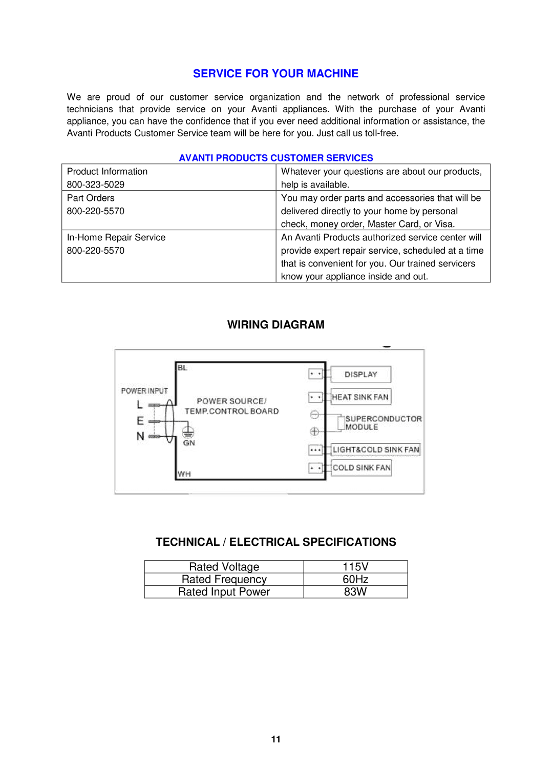 Avanti SWBC250D instruction manual Service for Your Machine, Wiring Diagram Technical / Electrical Specifications 