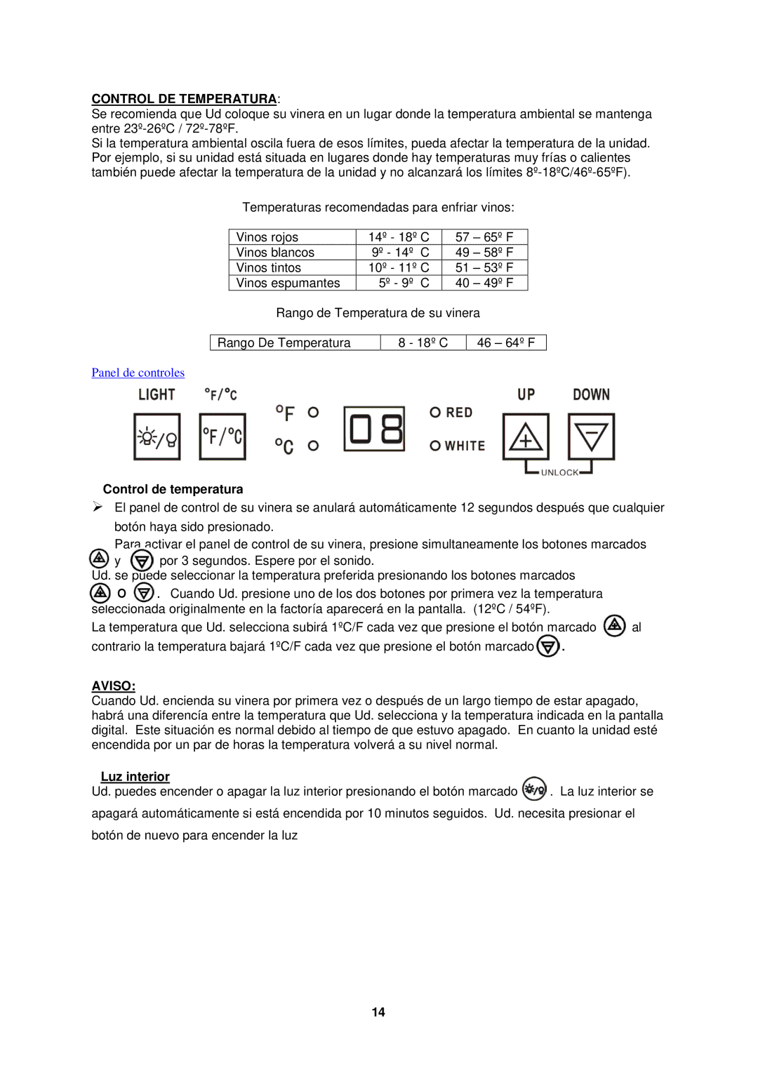 Avanti SWBC250D instruction manual Control DE Temperatura, Control de temperatura, Aviso, Luz interior 