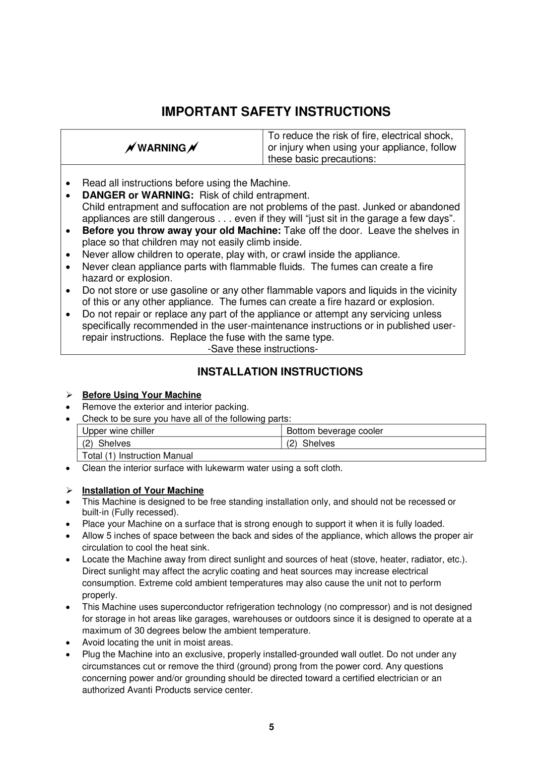 Avanti SWBC250D instruction manual Installation Instructions,  Before Using Your Machine,  Installation of Your Machine 