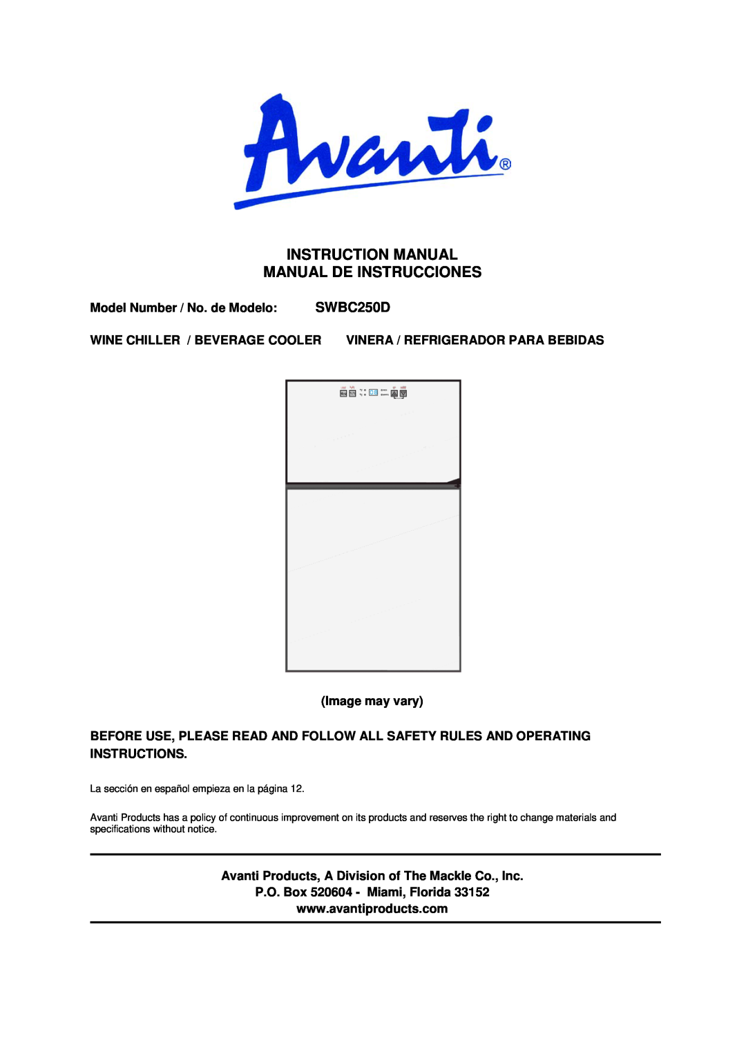 Avanti instruction manual Model Number / No. de Modelo SWBC250D, Image may vary, P.O. Box 520604 - Miami, Florida 