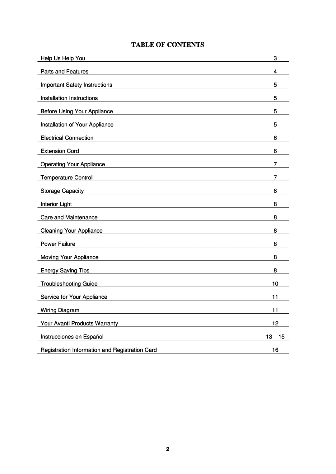 Avanti SWBC250D instruction manual Table Of Contents 