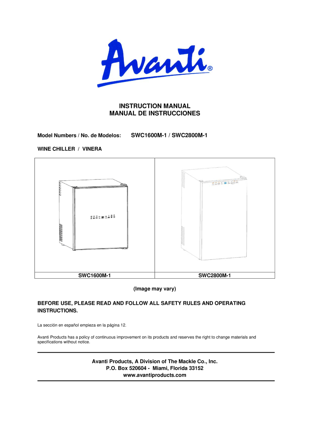 Avanti SWC1600M1 instruction manual Manual DE Instrucciones, Model Numbers / No. de Modelos SWC1600M-1 /SWC2800M-1 