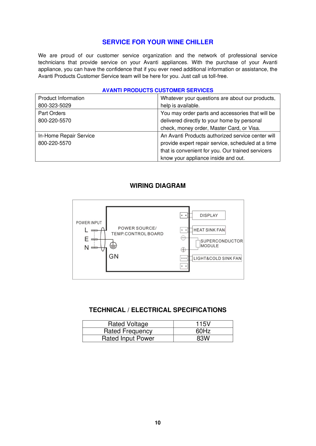 Avanti SWC2800M-1, SWC1600M1 Service for Your Wine Chiller, Wiring Diagram Technical / Electrical Specifications 