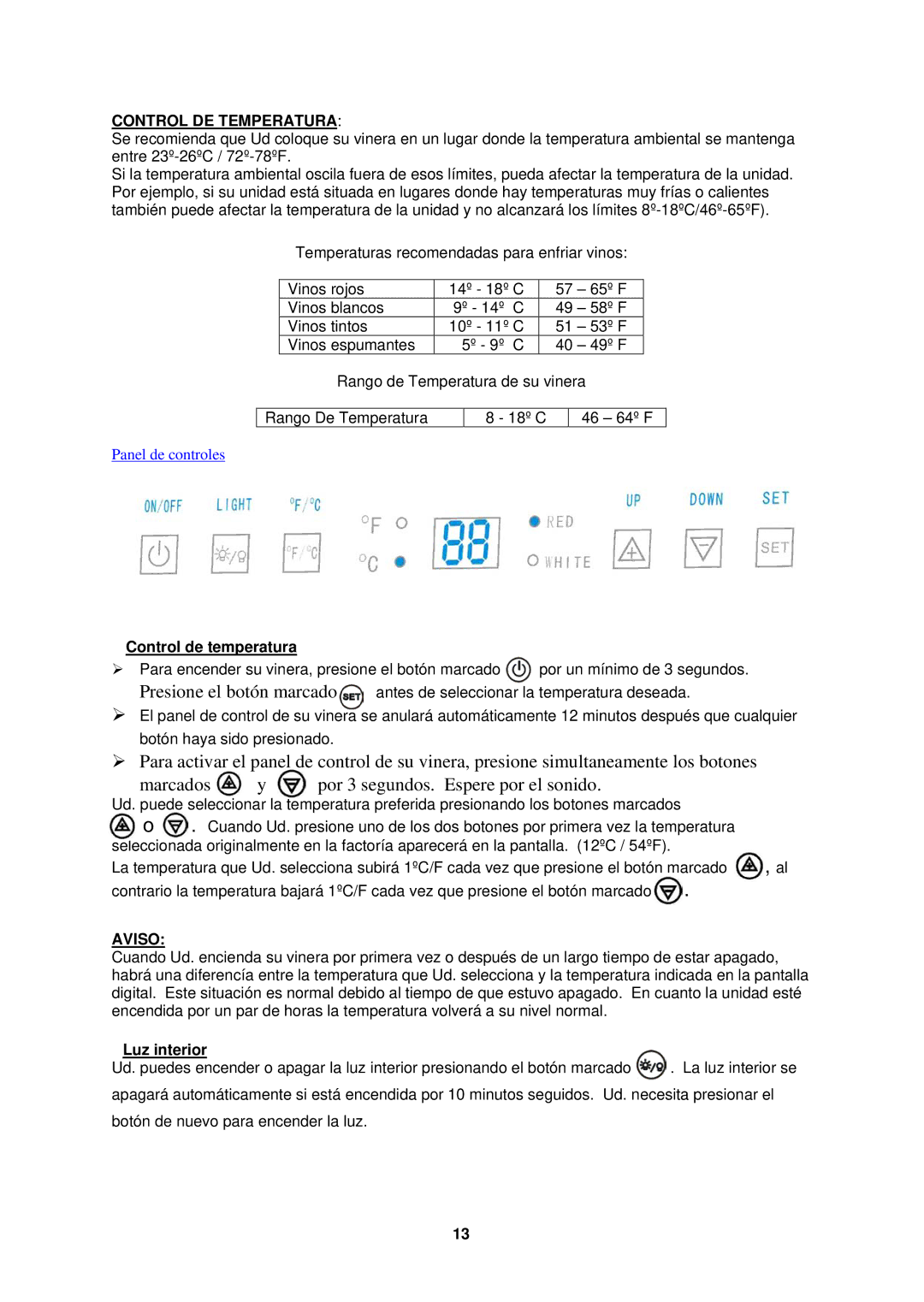 Avanti SWC1600M1, SWC2800M-1 instruction manual Control DE Temperatura, Control de temperatura, Aviso, Luz interior 