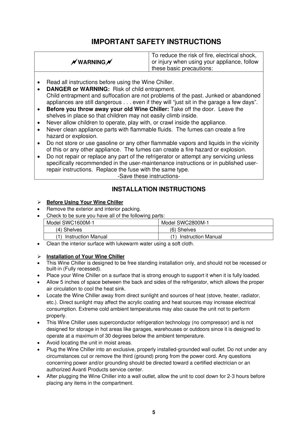 Avanti SWC1600M1 Installation Instructions,  Before Using Your Wine Chiller,  Installation of Your Wine Chiller 