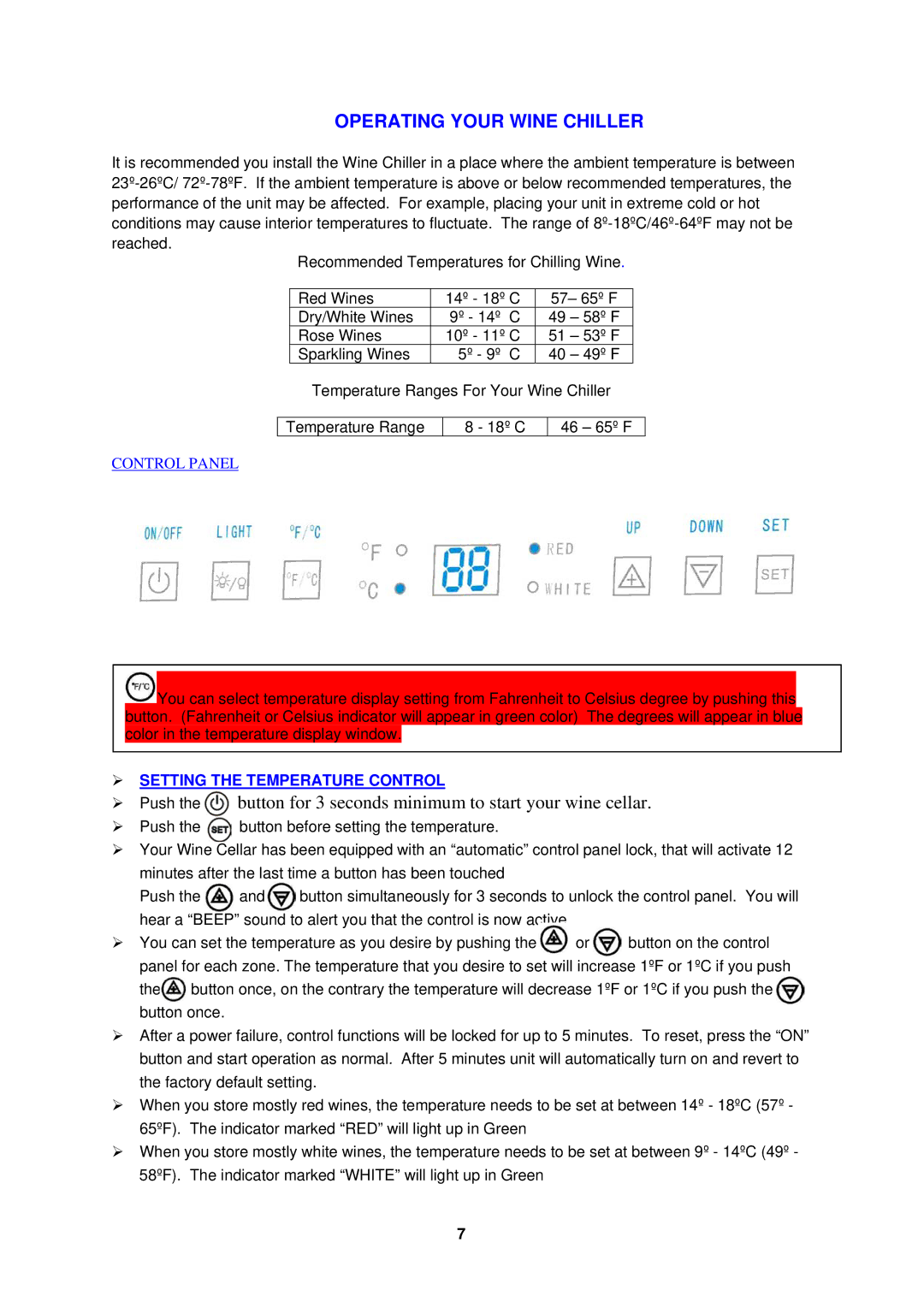 Avanti SWC1600M1, SWC2800M-1 instruction manual Operating Your Wine Chiller 