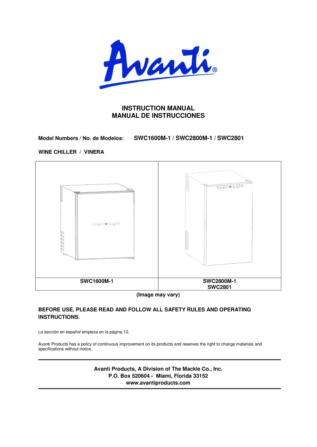 Avanti SWC2800, SWC2801 instruction manual Manual DE Instrucciones, Wine Chiller / Vinera 