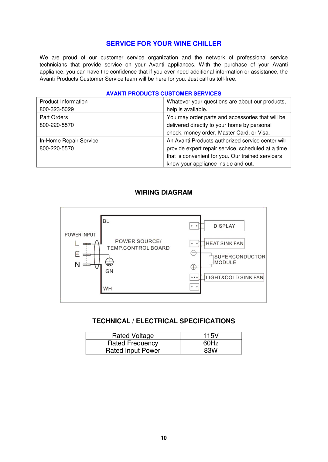 Avanti SWC2801, SWC2800 Service for Your Wine Chiller, Wiring Diagram Technical / Electrical Specifications 