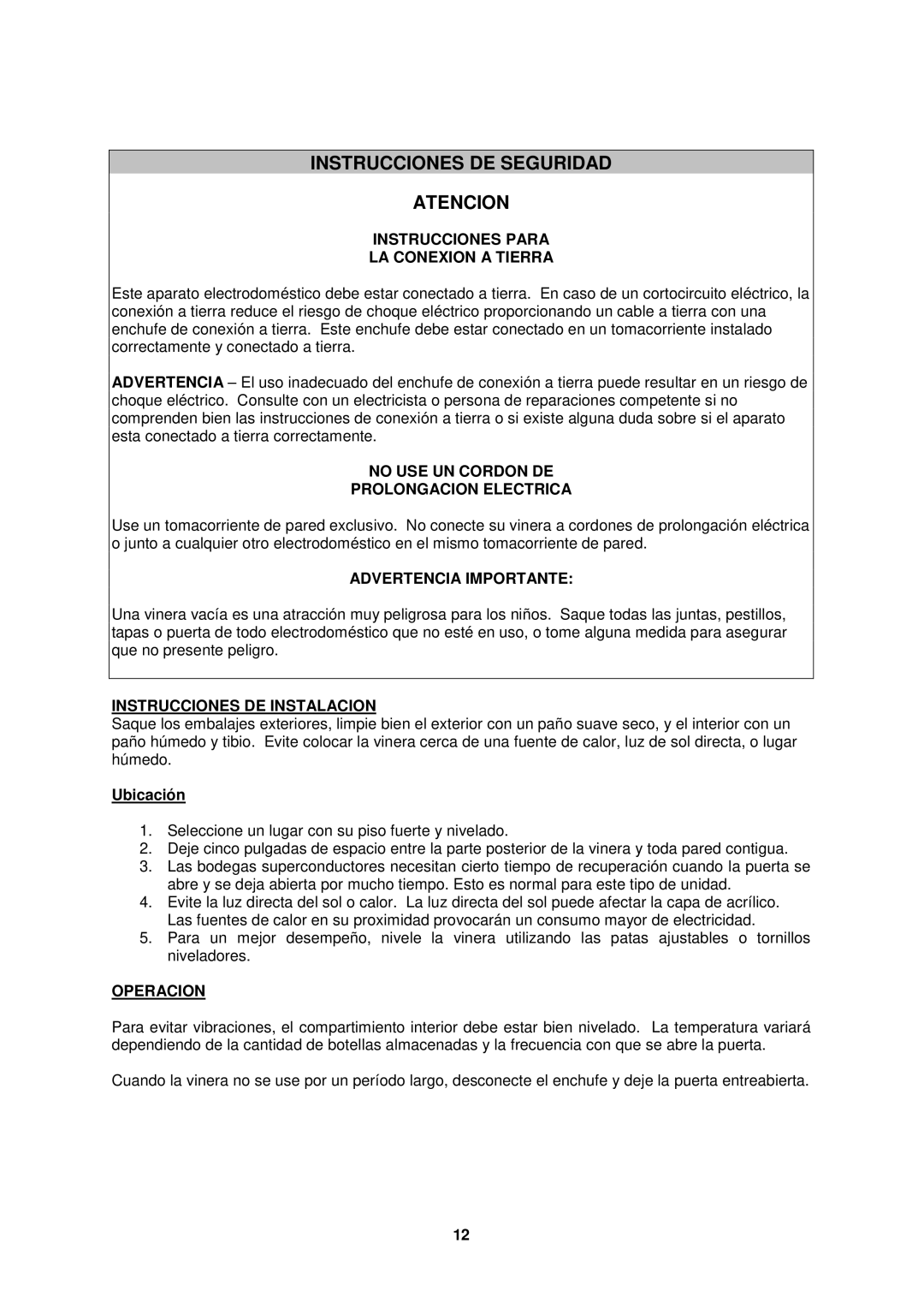 Avanti SWC2801, SWC2800 instruction manual Instrucciones DE Seguridad Atencion 