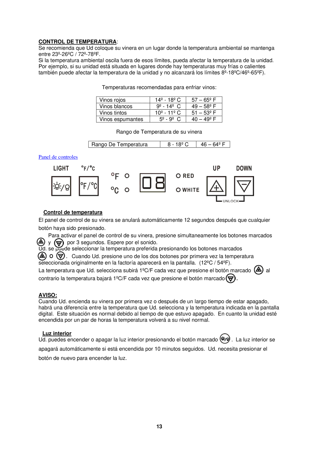 Avanti SWC2800, SWC2801 instruction manual Control DE Temperatura, Control de temperatura, Aviso, Luz interior 