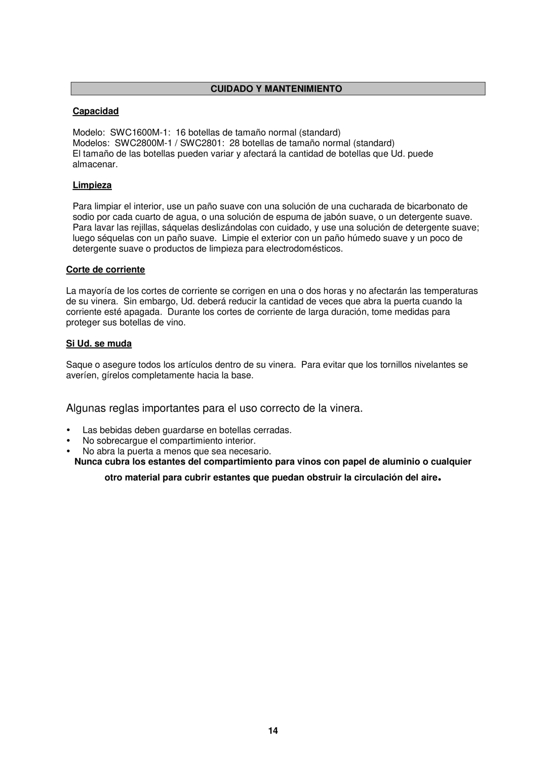 Avanti SWC2801, SWC2800 instruction manual Cuidado Y Mantenimiento, Capacidad, Limpieza, Corte de corriente, Si Ud. se muda 