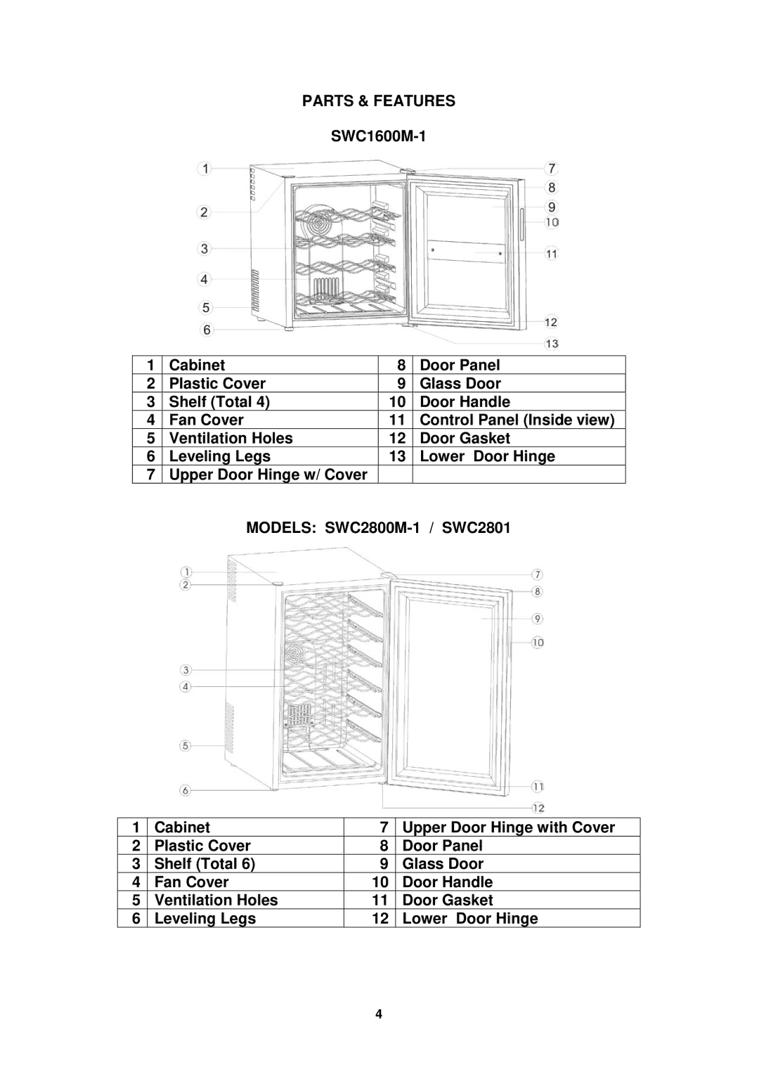 Avanti SWC2801, SWC2800 instruction manual Parts & Features 