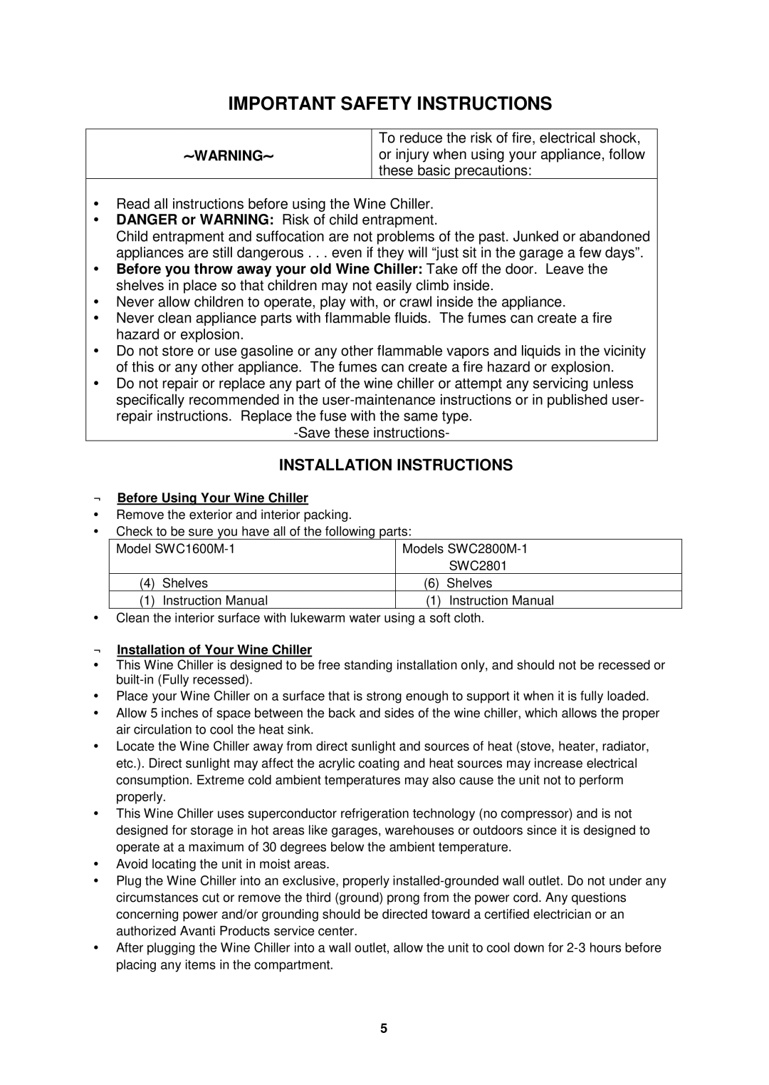 Avanti SWC2800, SWC2801 Installation Instructions, ← Before Using Your Wine Chiller, ← Installation of Your Wine Chiller 