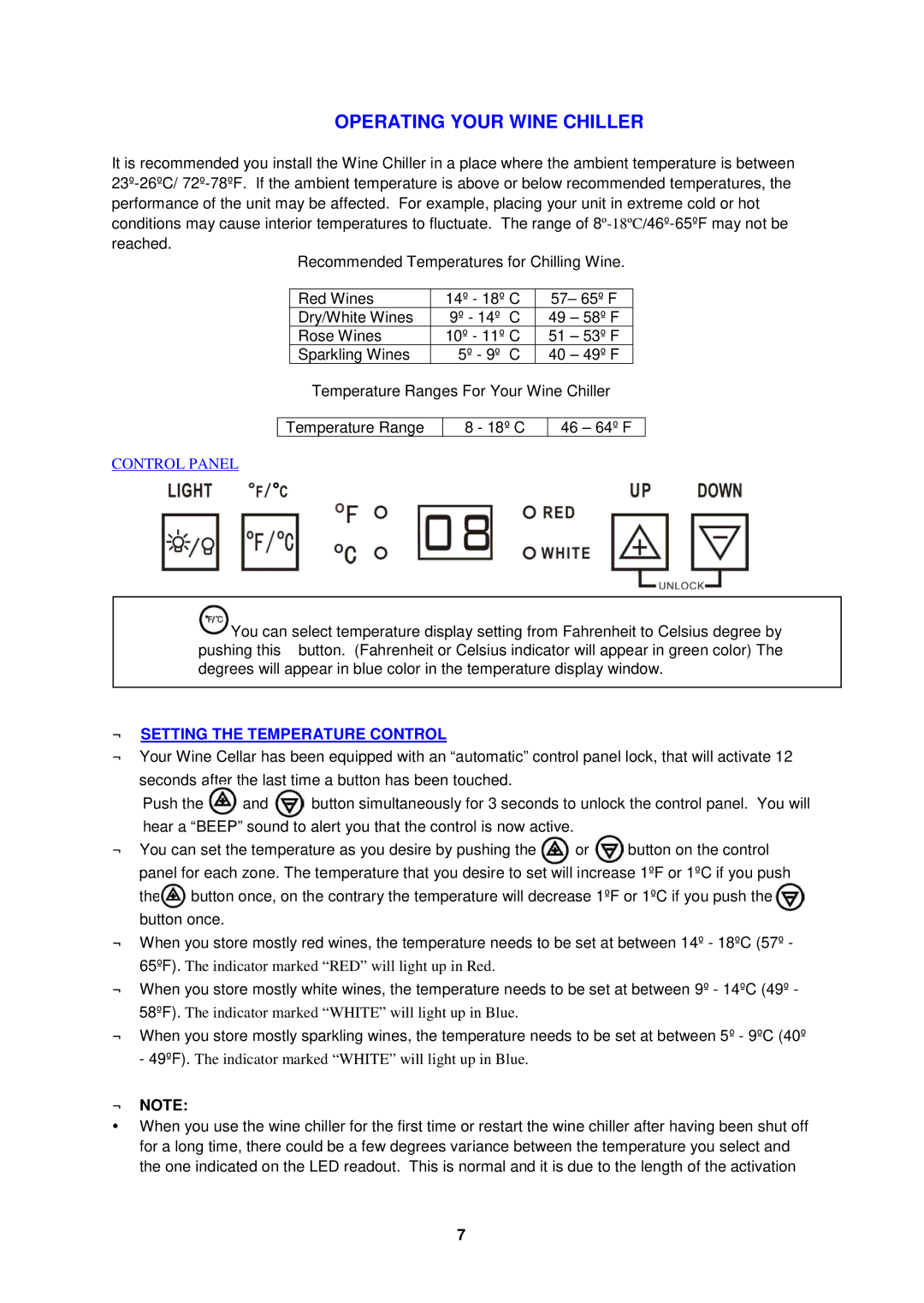 Avanti SWC2800, SWC2801 instruction manual Operating Your Wine Chiller, ← Note 