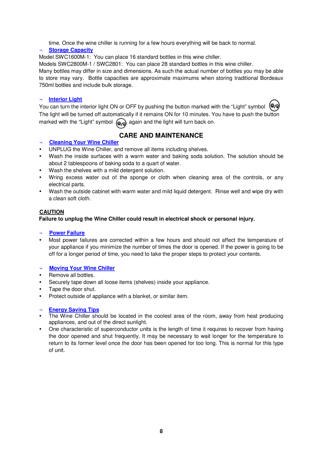 Avanti SWC2801, SWC2800 instruction manual Care and Maintenance, ← Storage Capacity 