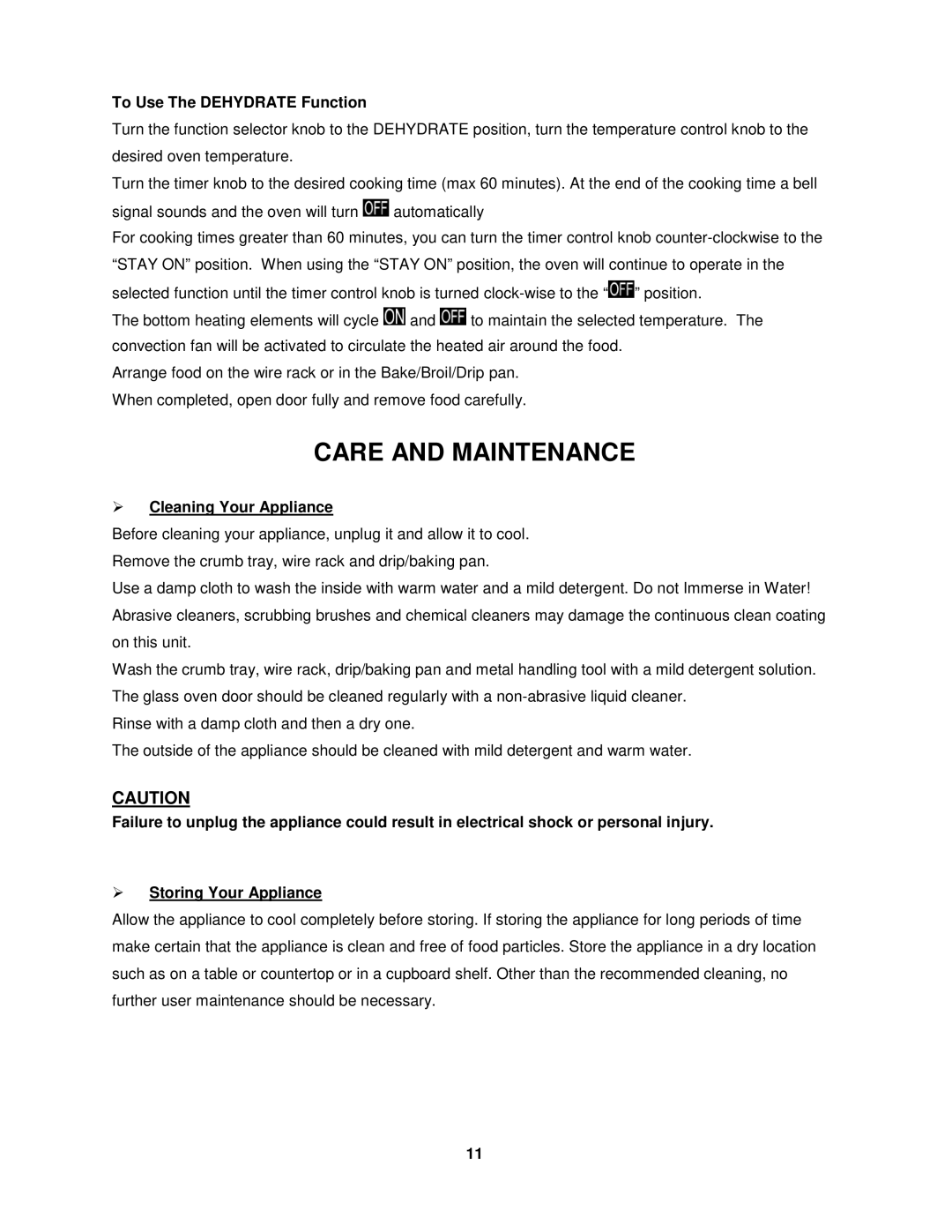 Avanti T-160C instruction manual Care and Maintenance, To Use The Dehydrate Function,  Cleaning Your Appliance 