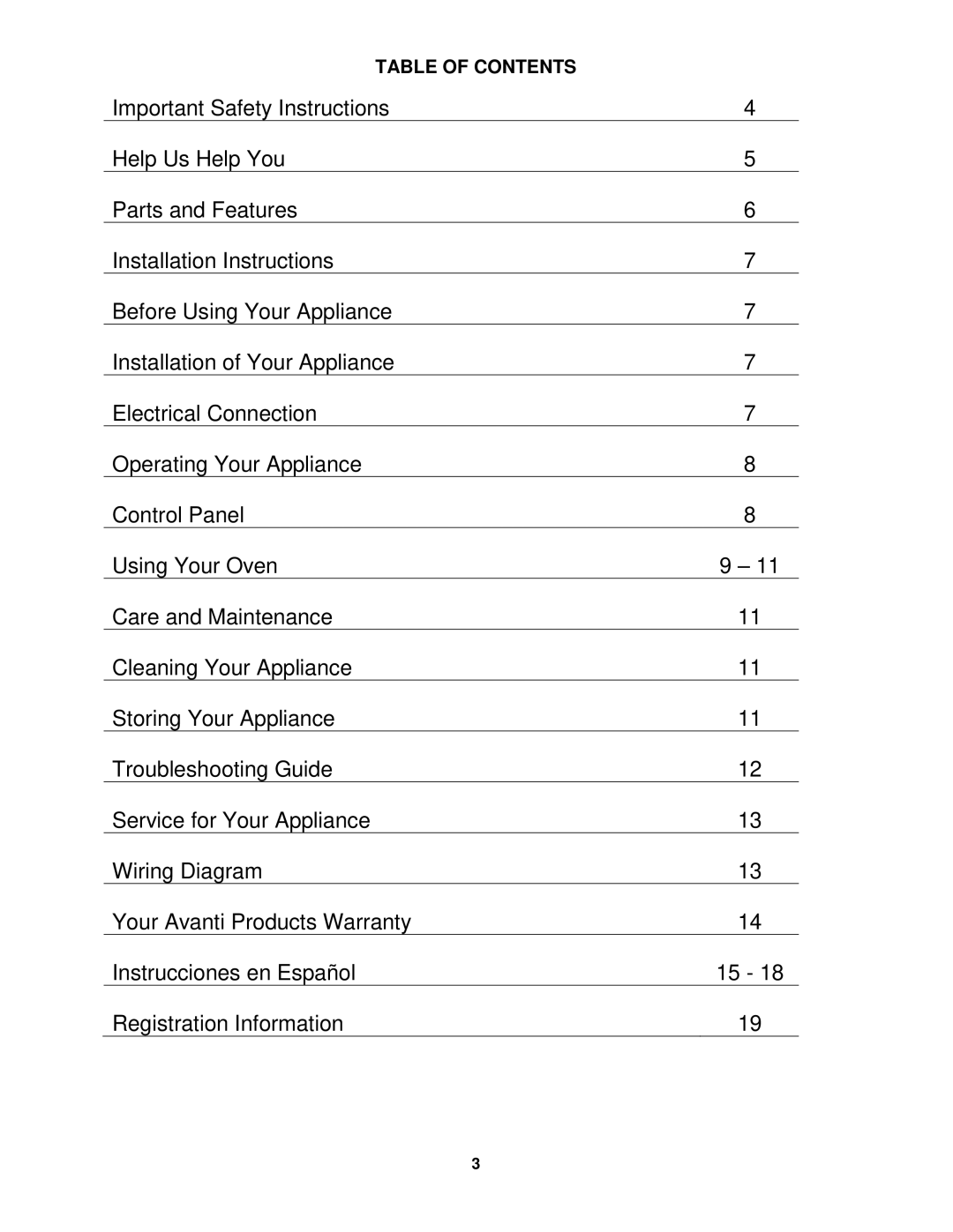 Avanti T-160C instruction manual Table of Contents 