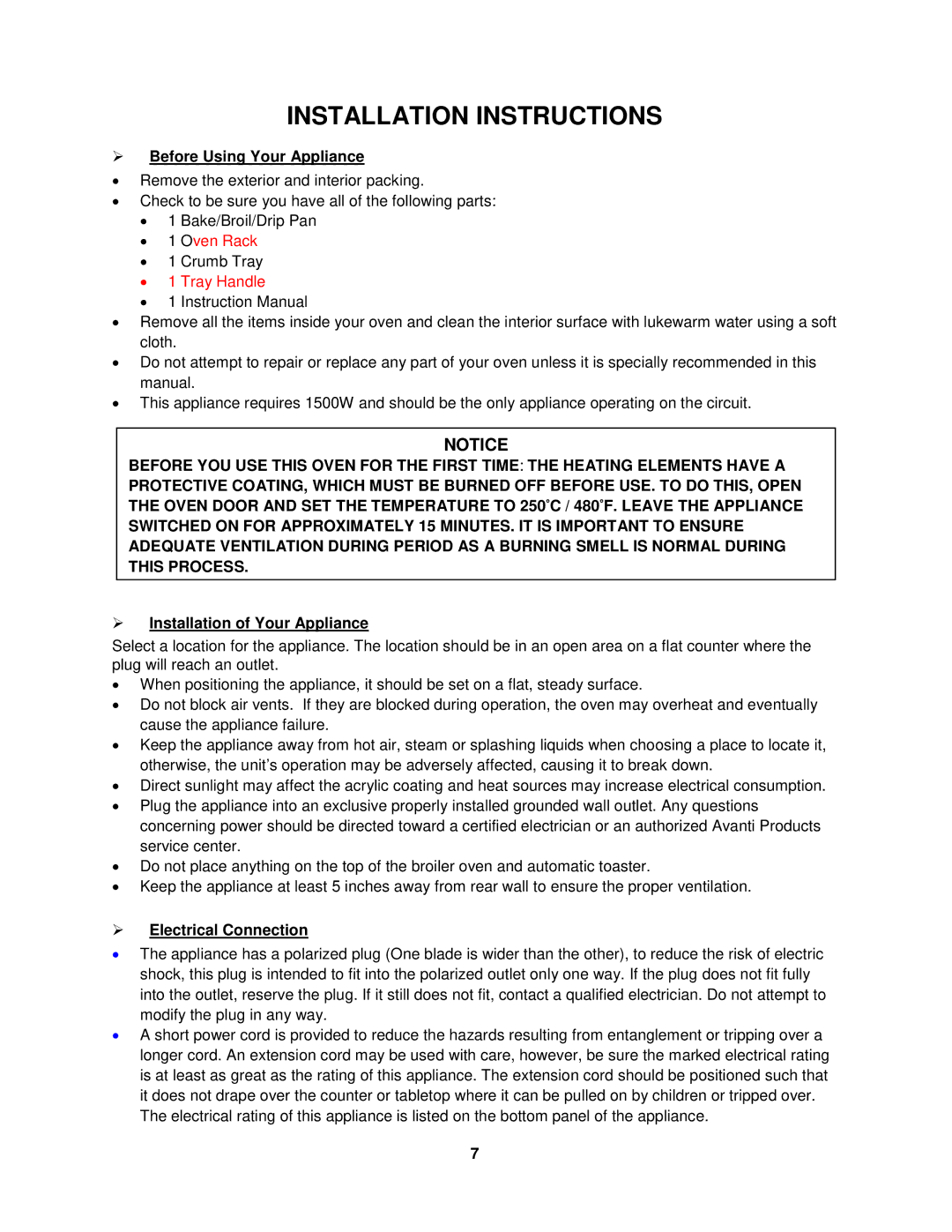 Avanti T-160C instruction manual Installation Instructions,  Before Using Your Appliance,  Installation of Your Appliance 